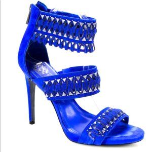 Vince Camuto Suede Open Toe Zip Up Stiletto Blue